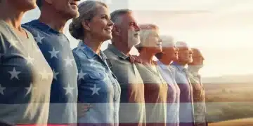 Veterans standing together, looking hopeful, with an American flag overlay.