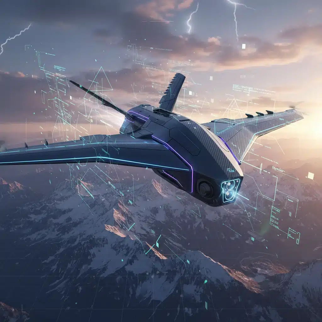 Advanced reconnaissance drone in flight over strategic terrain, symbolizing defense technology.