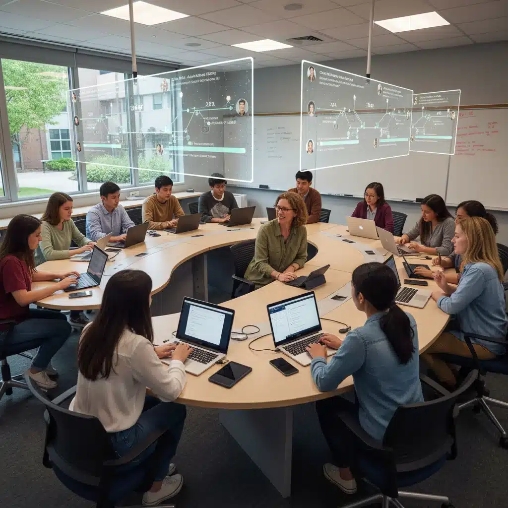 Students engaged in collaborative learning with personalized AI assistance and digital tools.