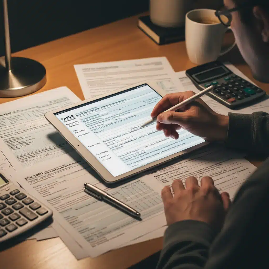 Hand completing FAFSA form with financial documents