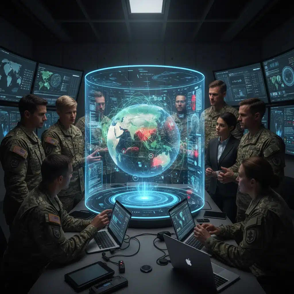 Experts analyzing holographic cybersecurity threat map and geopolitical data.
