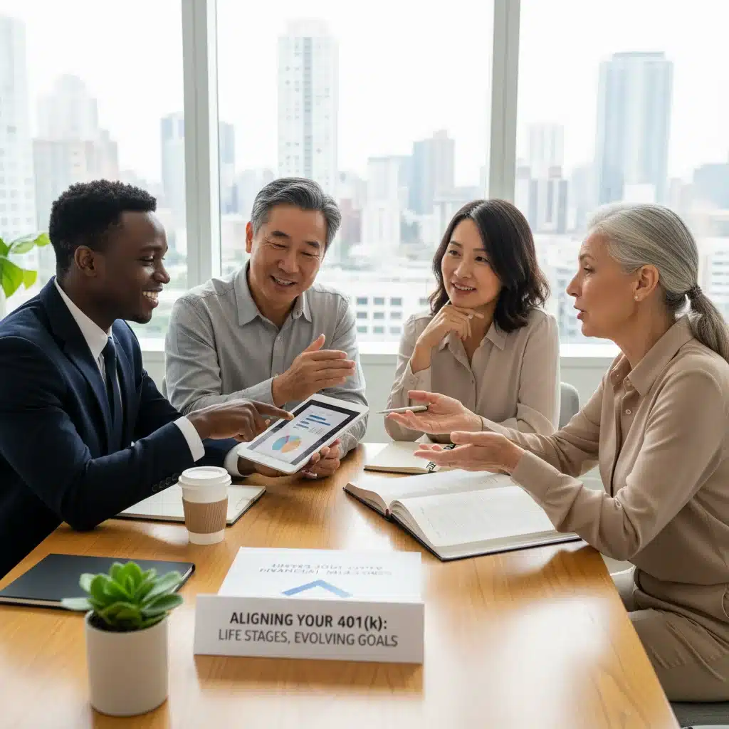 Diverse individuals discussing financial goals and 401(k) rebalancing