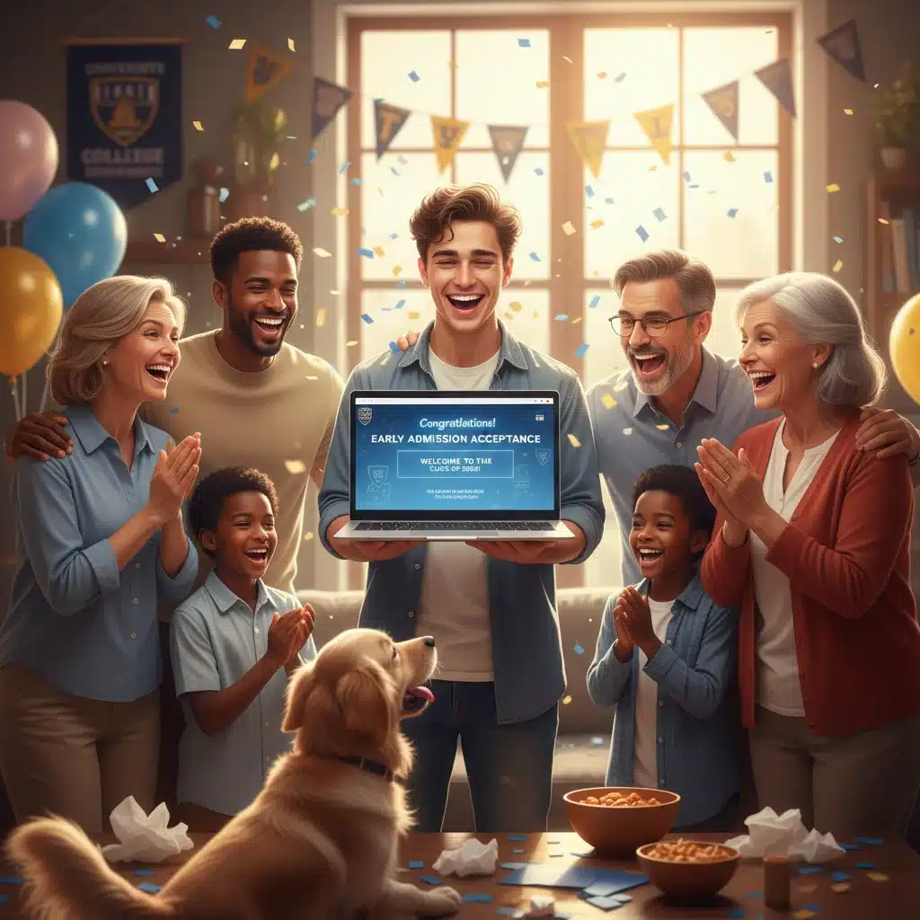 Student celebrating early college admission with family
