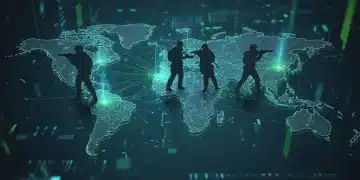 Global defense strategy map with digital threat overlays and military silhouettes.