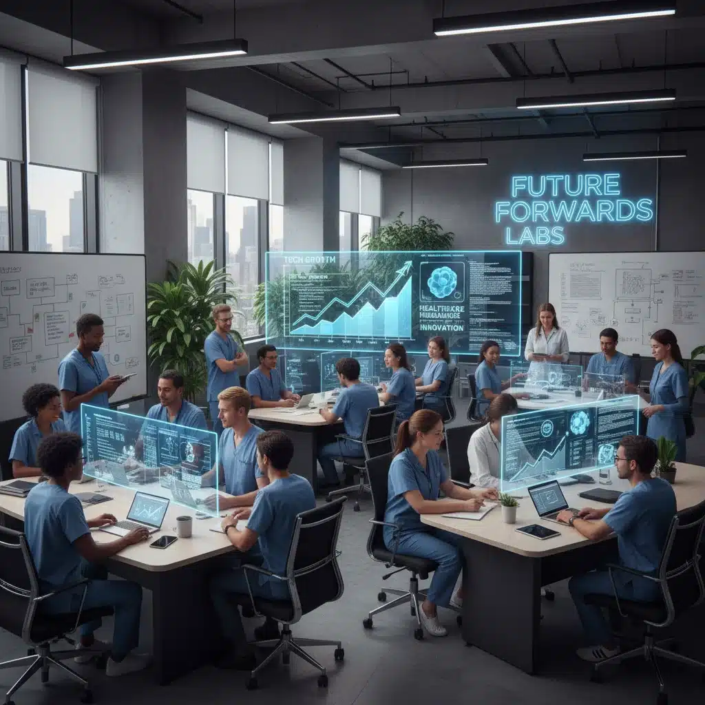 Professionals collaborating in a modern office, symbolizing growth in technology and healthcare sectors