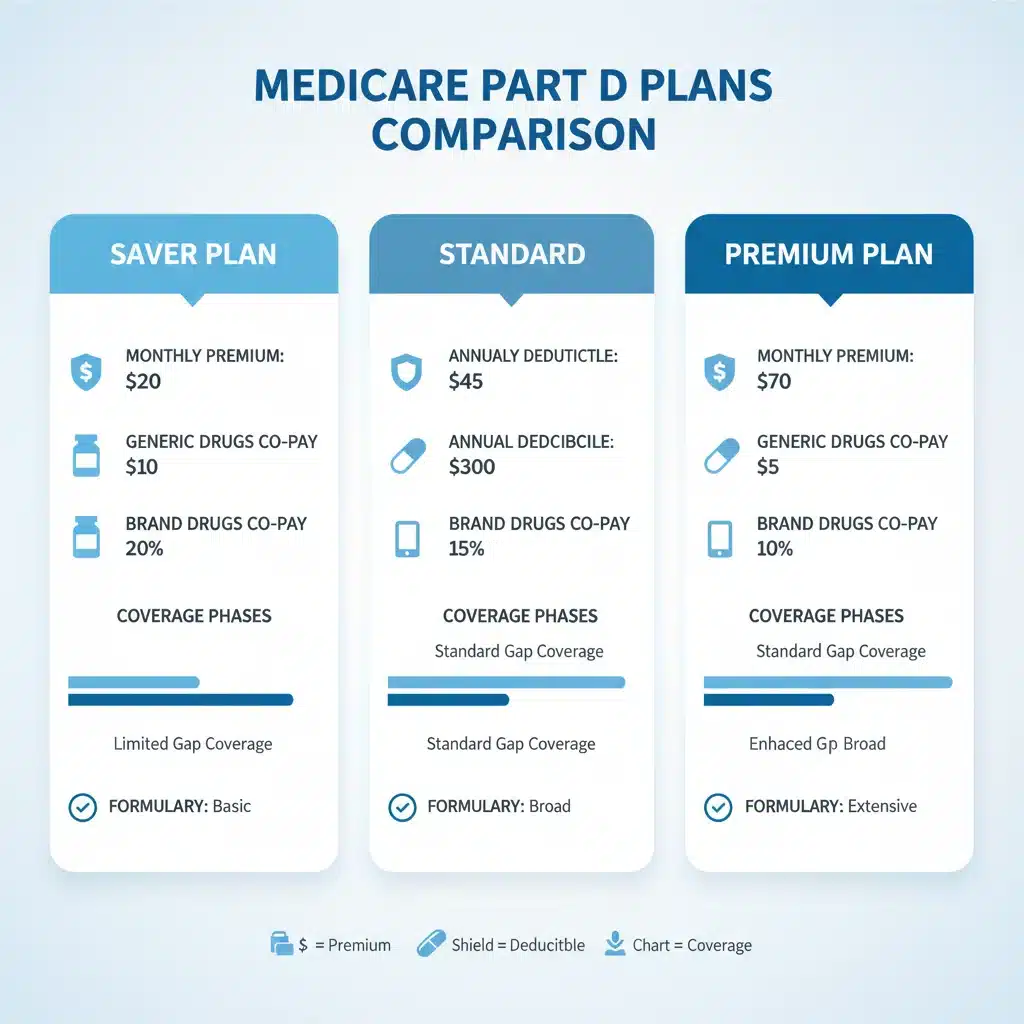 Infographic comparing various Medicare Part D plans and their benefits