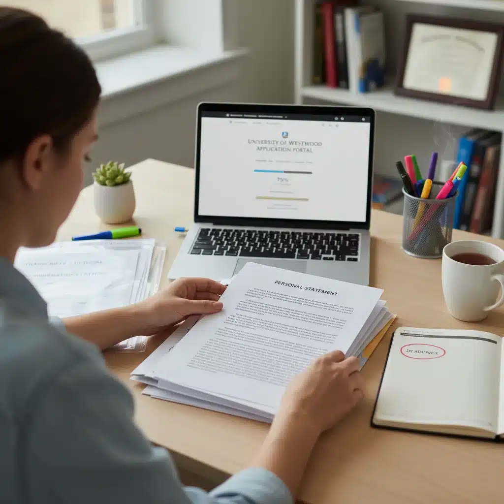 Student meticulously organizing college application documents and essays