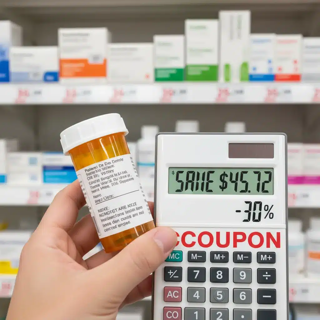 Hand holding prescription bottle with calculator showing savings