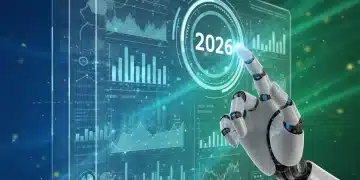Digital display showing investment growth and robotic arm, representing automated investing in 2026.