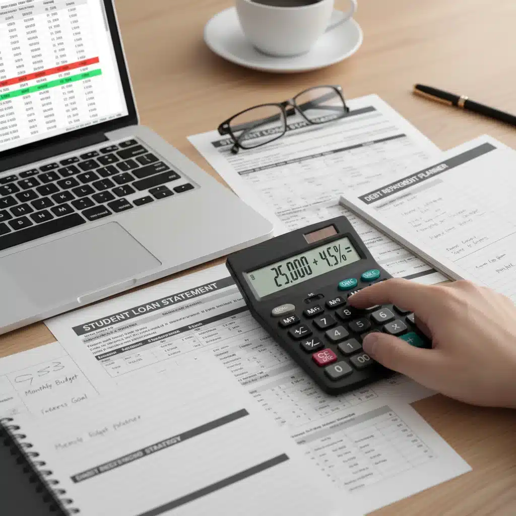 Hand calculating student loan payments with financial documents and a laptop.
