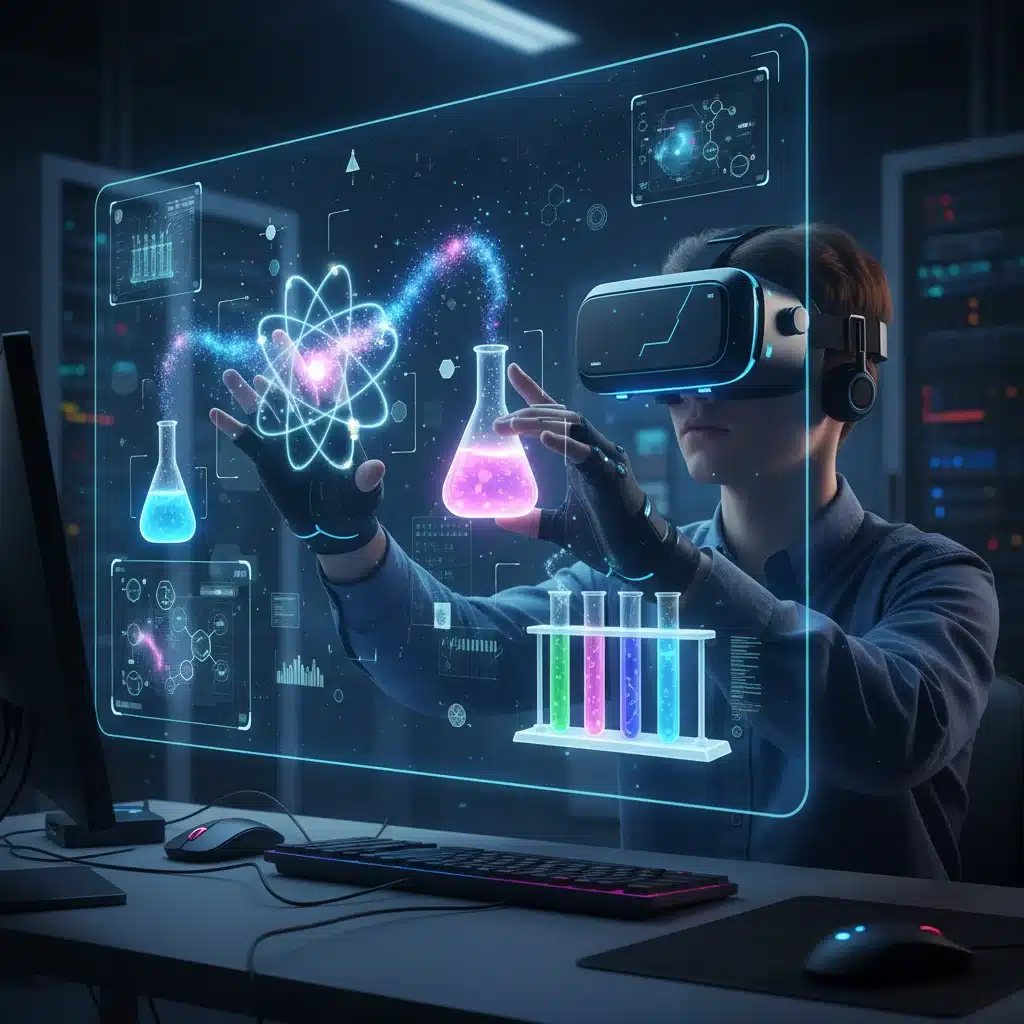 Student using VR headset for an immersive science experiment in a virtual lab setting.