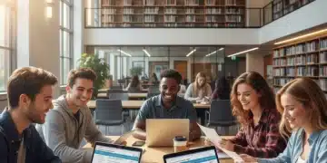 Students reviewing 2026 FAFSA changes on laptops in a library