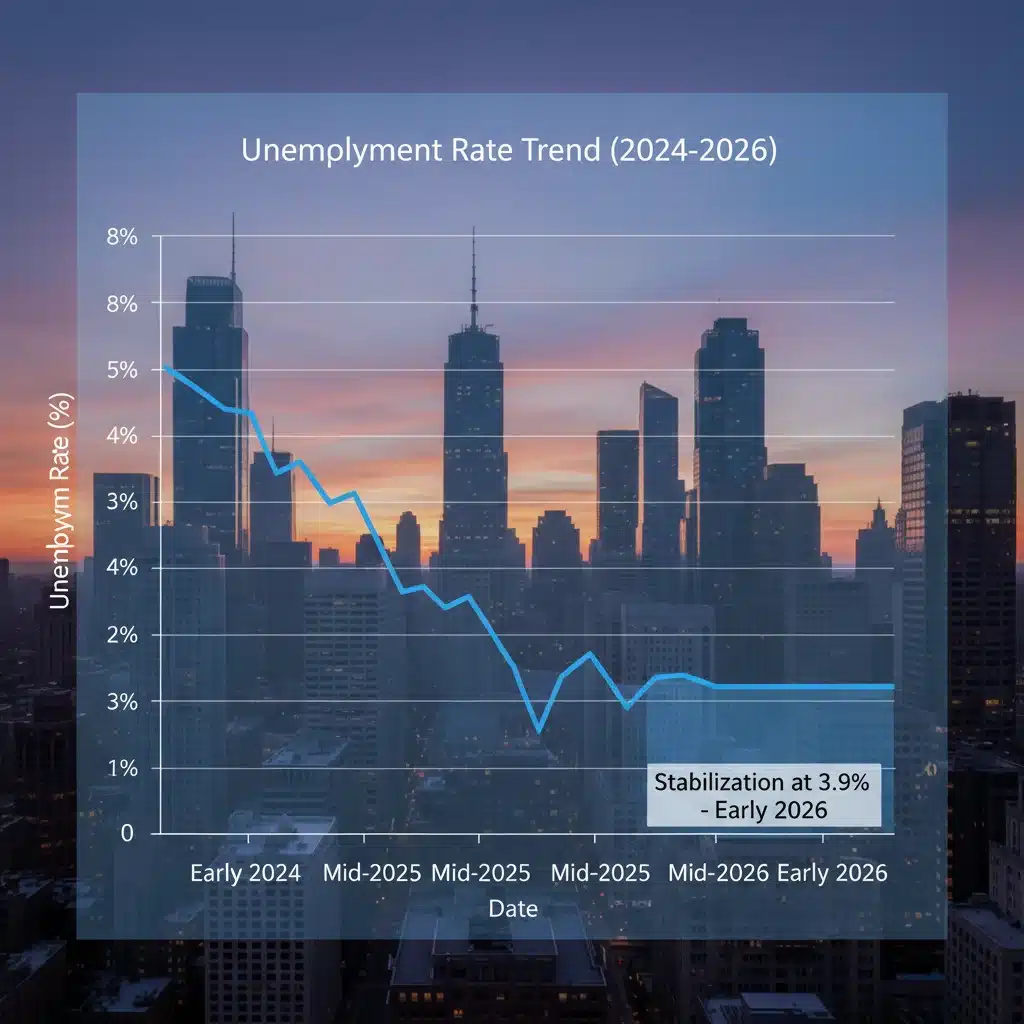 Graph showing stable unemployment rate at 3.9% in early 2026