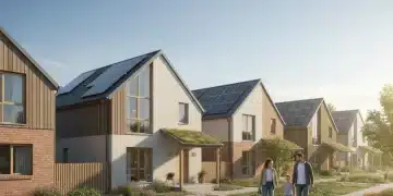 Illustration of diverse community with new affordable housing units under a bright sky, symbolizing federal housing initiatives.