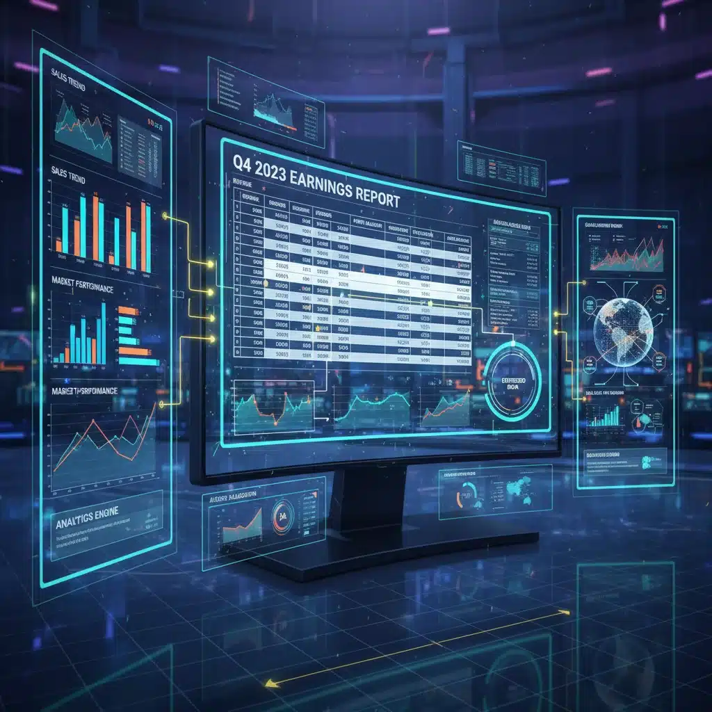 Digital financial report with highlighted sections and multiple screens showing data analysis.