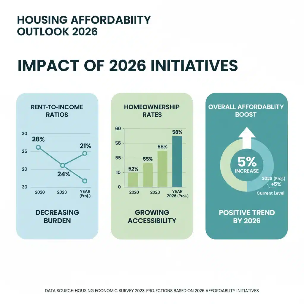 Infographic detailing housing affordability statistics and the projected 5% increase from 2026 federal initiatives.