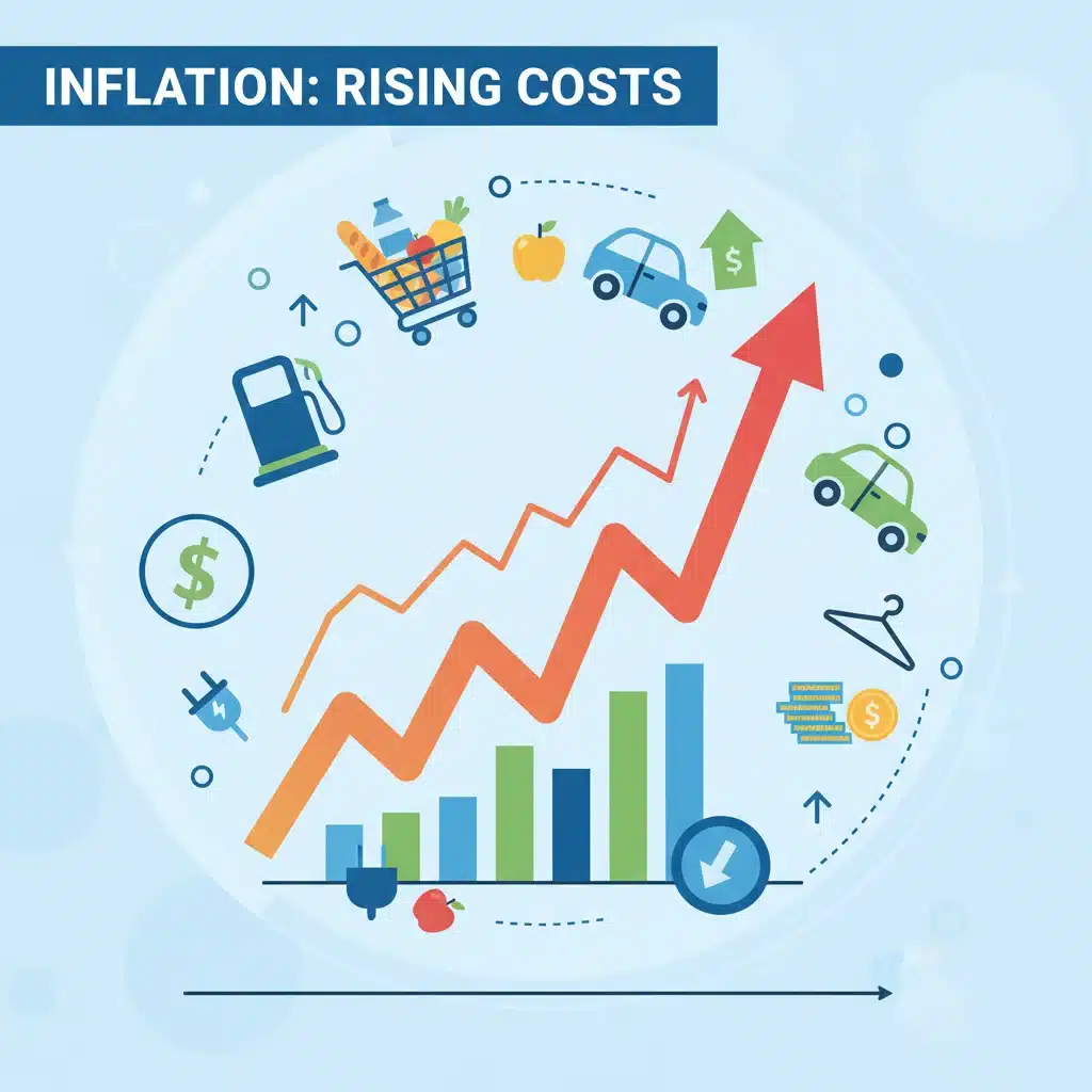Inflation graph with consumer goods, illustrating rising cost of living.