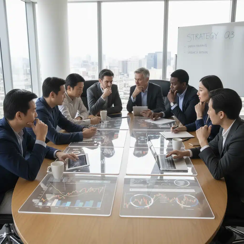 Investors collaborating around a table, discussing financial charts and investment strategies.