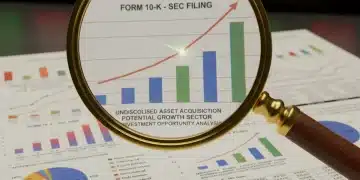 Magnifying glass over financial documents, symbolizing SEC filing analysis for investment opportunities.