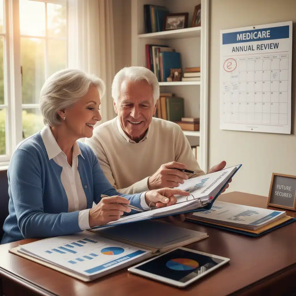 Elderly couple reviewing financial documents for Medicare planning.