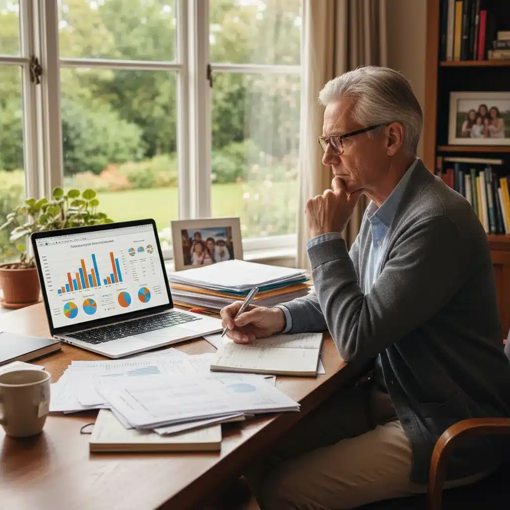 Individual reviewing financial documents and charts for retirement planning.